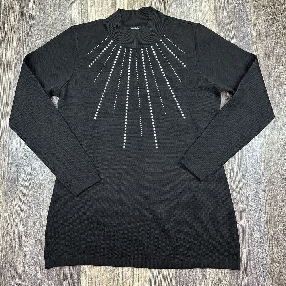 Nina Leonard Women's Black Tunic Sweater Size M Rayon Blend Metal Studs Decor